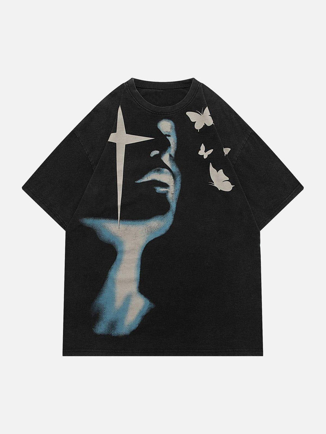 Front view of a black tee by TALISHKO, featuring a blue abstract face design with butterflies.