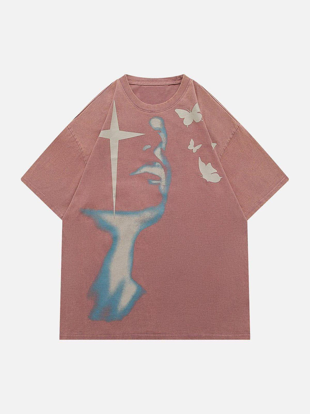 Front view of a pink tee by TALISHKO, featuring a blue abstract design with butterflies and stars.