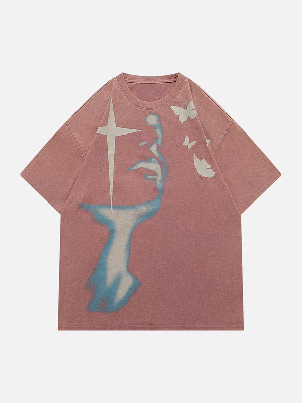 Front view of a pink tee by TALISHKO, featuring a blue abstract design with butterflies and stars.