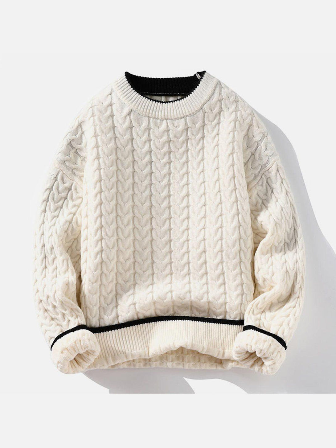 Front view of a beige twist patchwork knit sweater by TALISHKO, showcasing cozy cable knit.