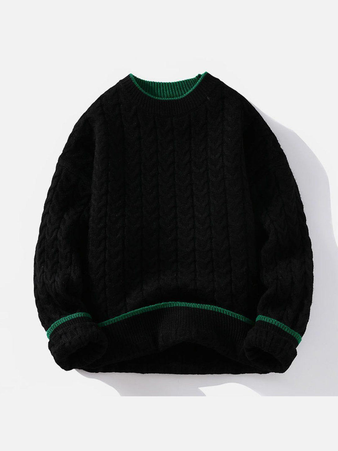 Front view of a black twist patchwork knit sweater by TALISHKO, featuring green trim accents.