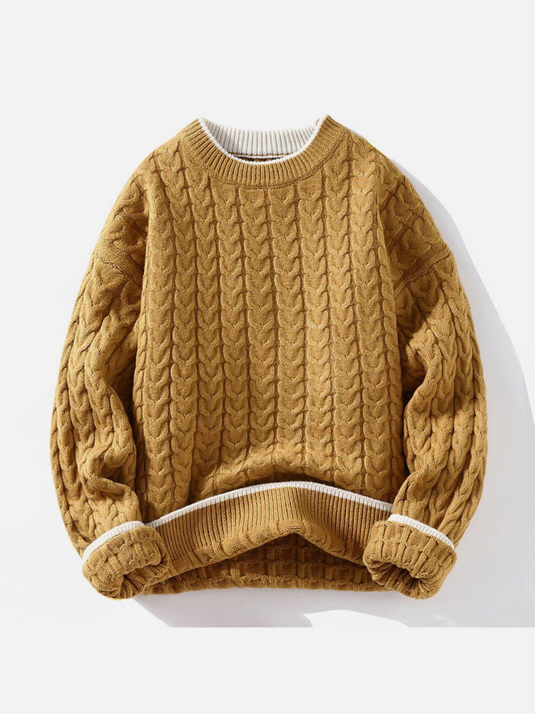 Front view of a yellow twist patchwork knit sweater by TALISHKO, featuring a cozy texture.