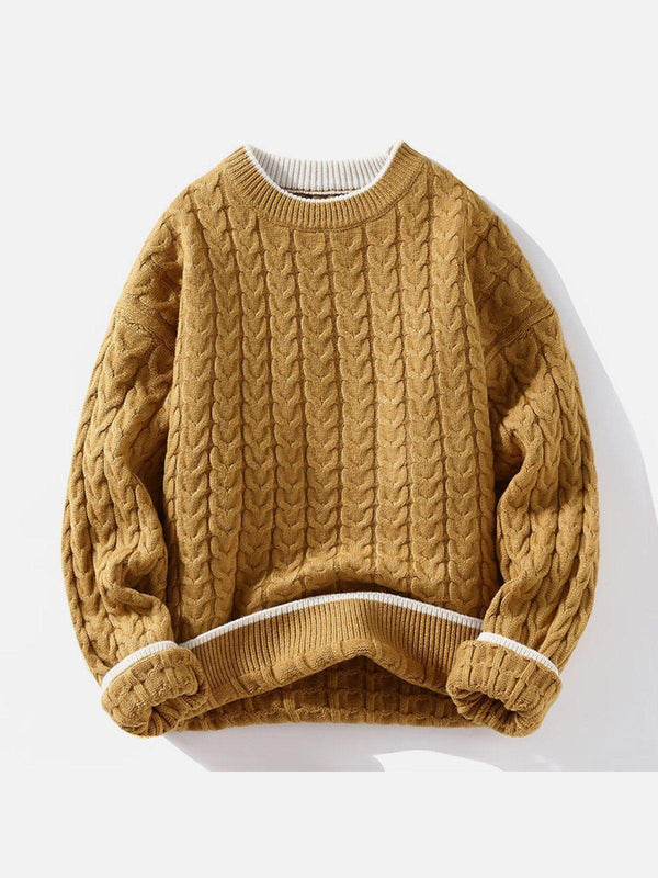Front view of a yellow twist patchwork knit sweater by TALISHKO, featuring a cozy texture.