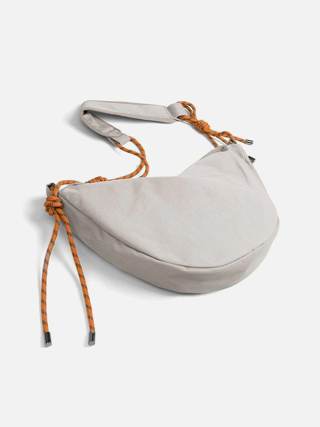 Modern khaki dumpling-shaped crossbody bag by TALISHKO, featuring bold orange rope accents.