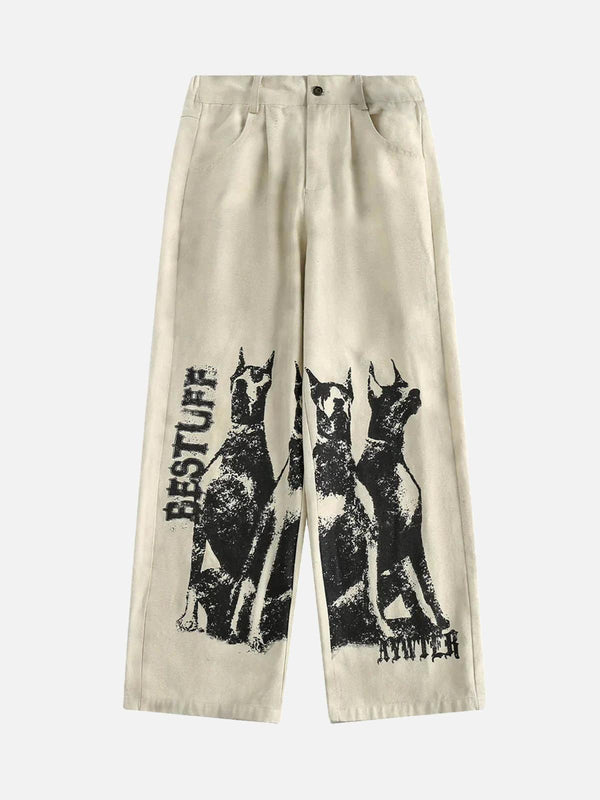 Beige wide-leg pants with Doberman print by TALISHKO, perfect for urban street style.