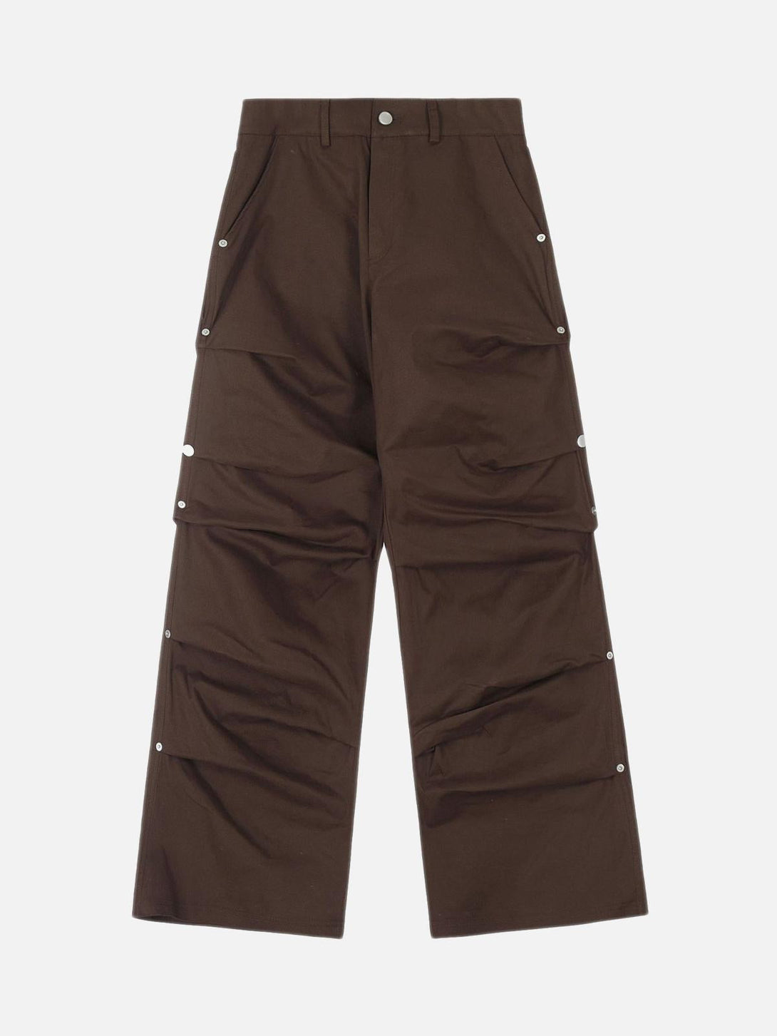 Front view of TALISHKO Urban Explorer cargo pants in brown, featuring snap details.