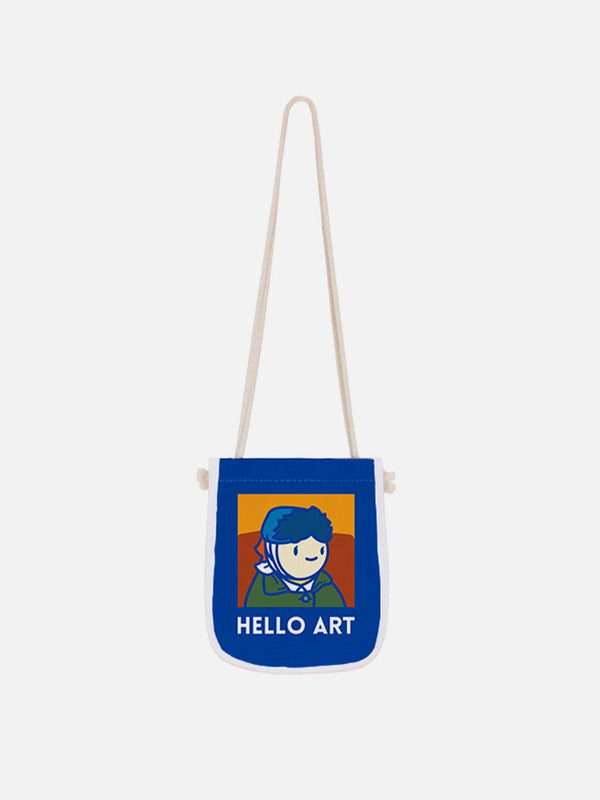 Front view of a blue crossbody bag with a Van Gogh cartoon print by TALISHKO.