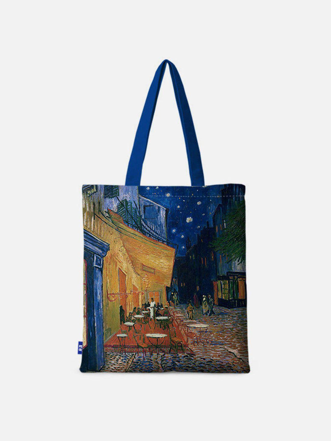 Front view of TALISHKO blue tote bag featuring Van Gogh's iconic oil painting design.