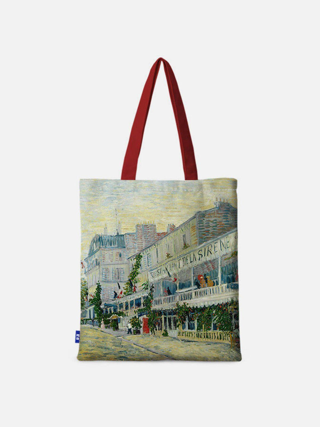 Front view of TALISHKO red tote bag with Van Gogh painting, perfect for an artistic touch.