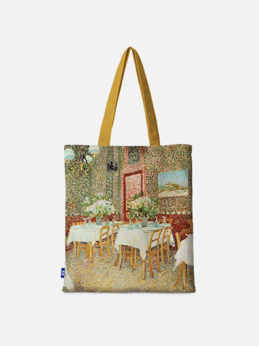 Front view of TALISHKO yellow tote bag featuring a Van Gogh oil painting-inspired design.