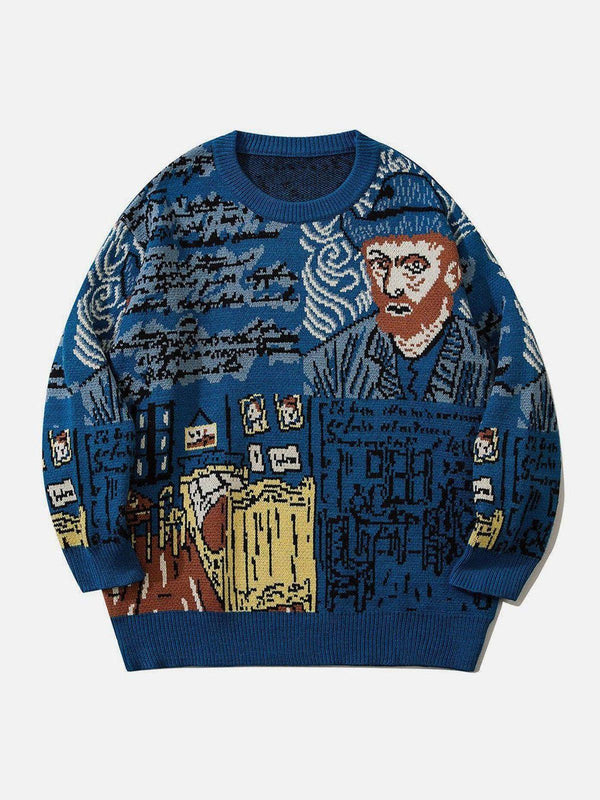 Blue knit sweater featuring Van Gogh-inspired design by TALISHKO, front view.
