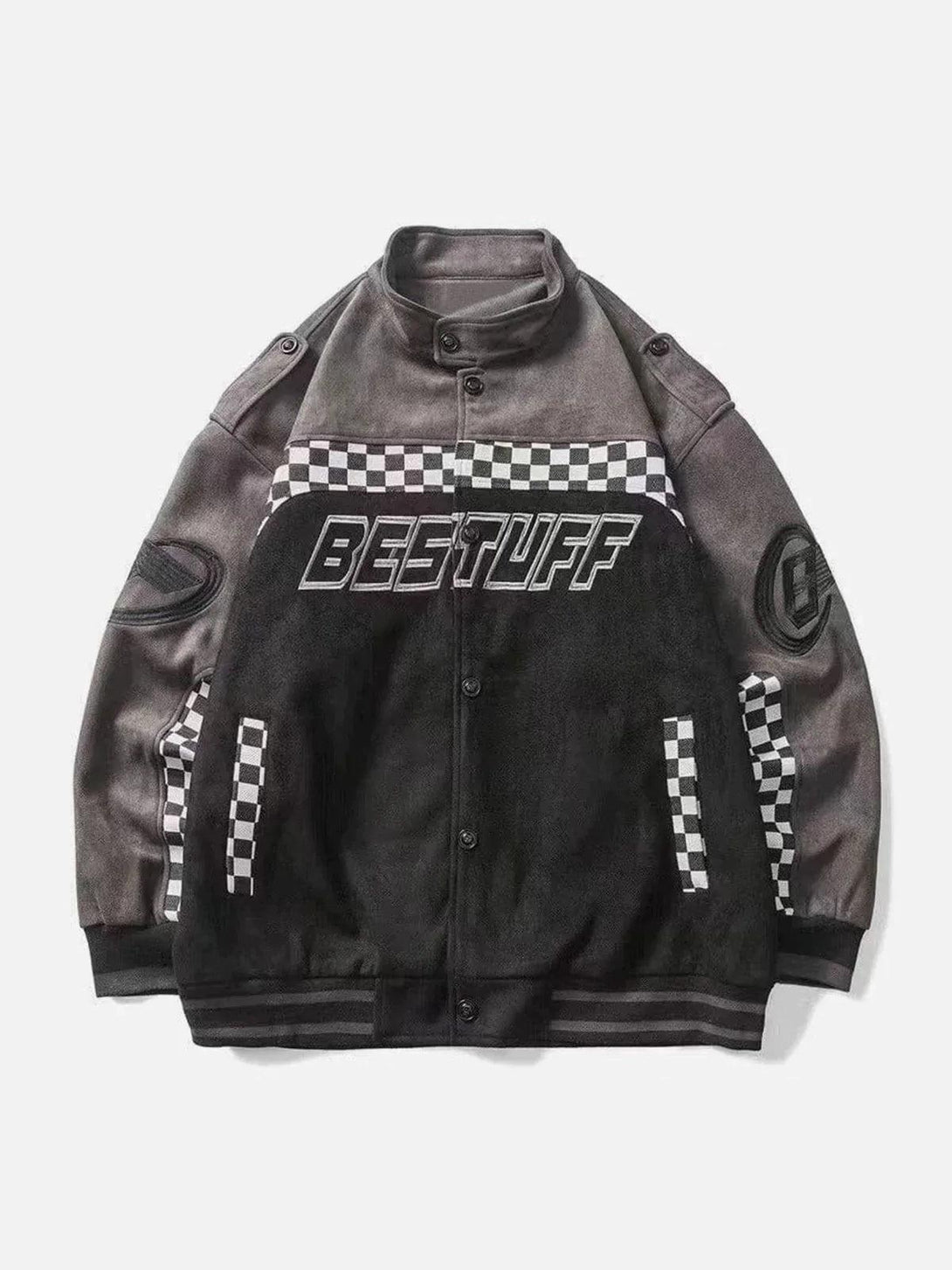 TALISHKO racing jacket in black velvet with checkerboard details, showcasing a bold front design.