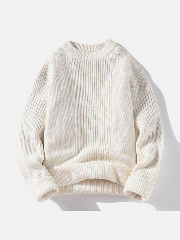 Front view of a beige knit sweater with vertical stripes by TALISHKO, perfect for casual wear.