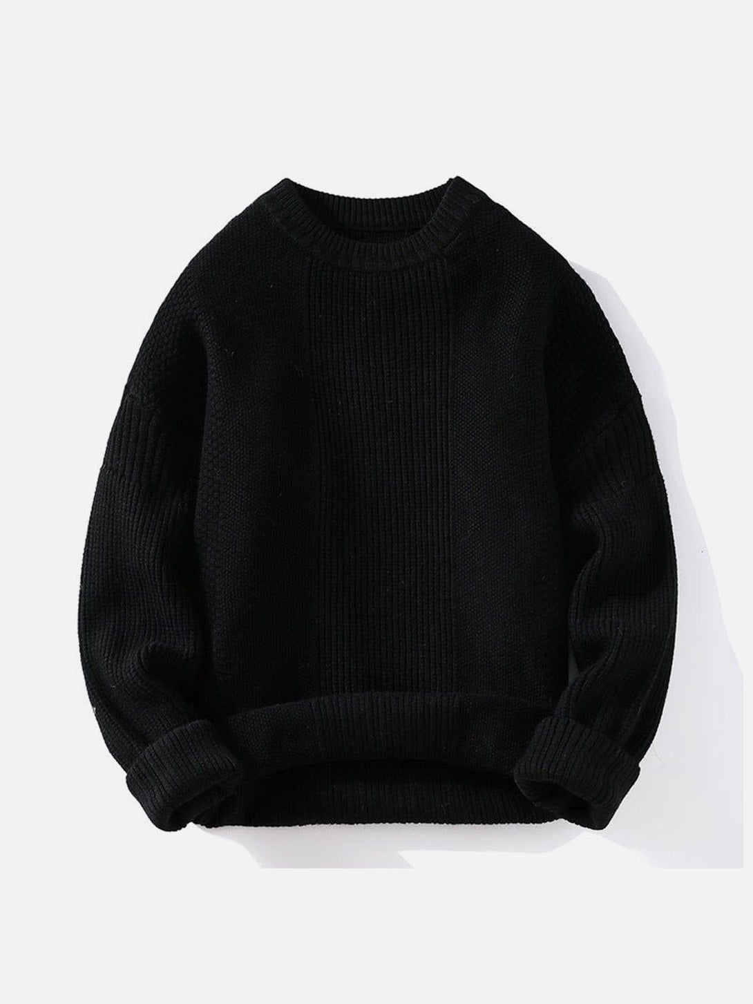 Front view of a black knit sweater with vertical stripes, designed by TALISHKO for urban style.