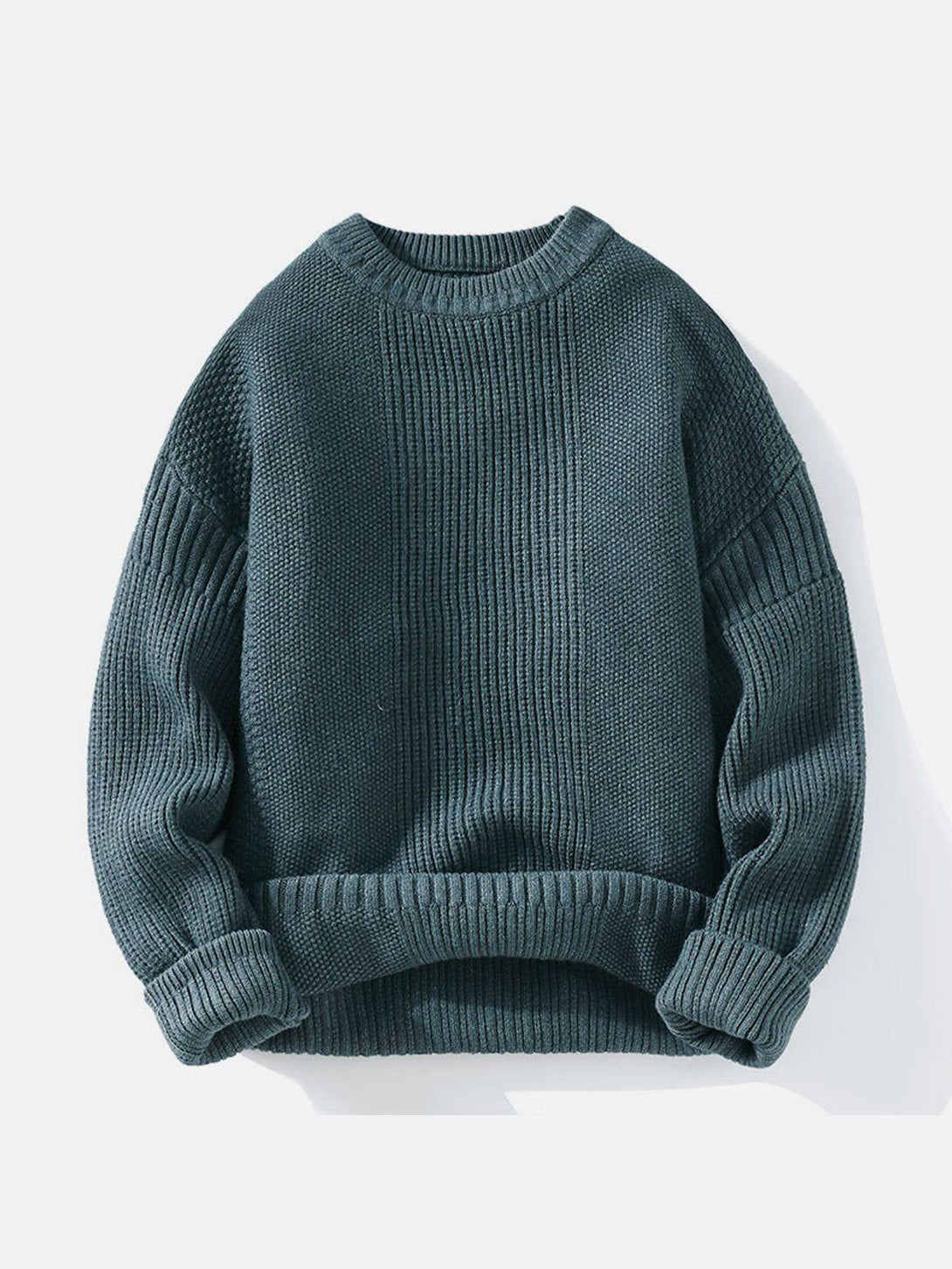 Front view of a dark green knit sweater with vertical stripes by TALISHKO, ideal for urban style.