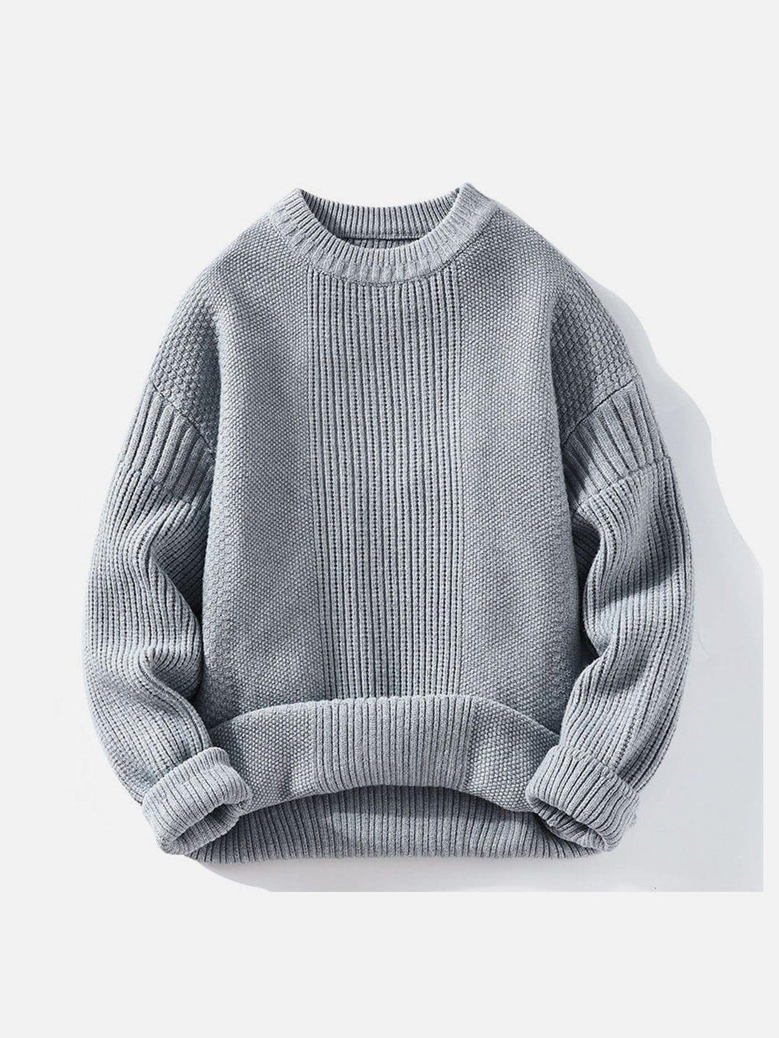 Front view of a gray knit sweater with vertical stripes by TALISHKO, ideal for urban style.