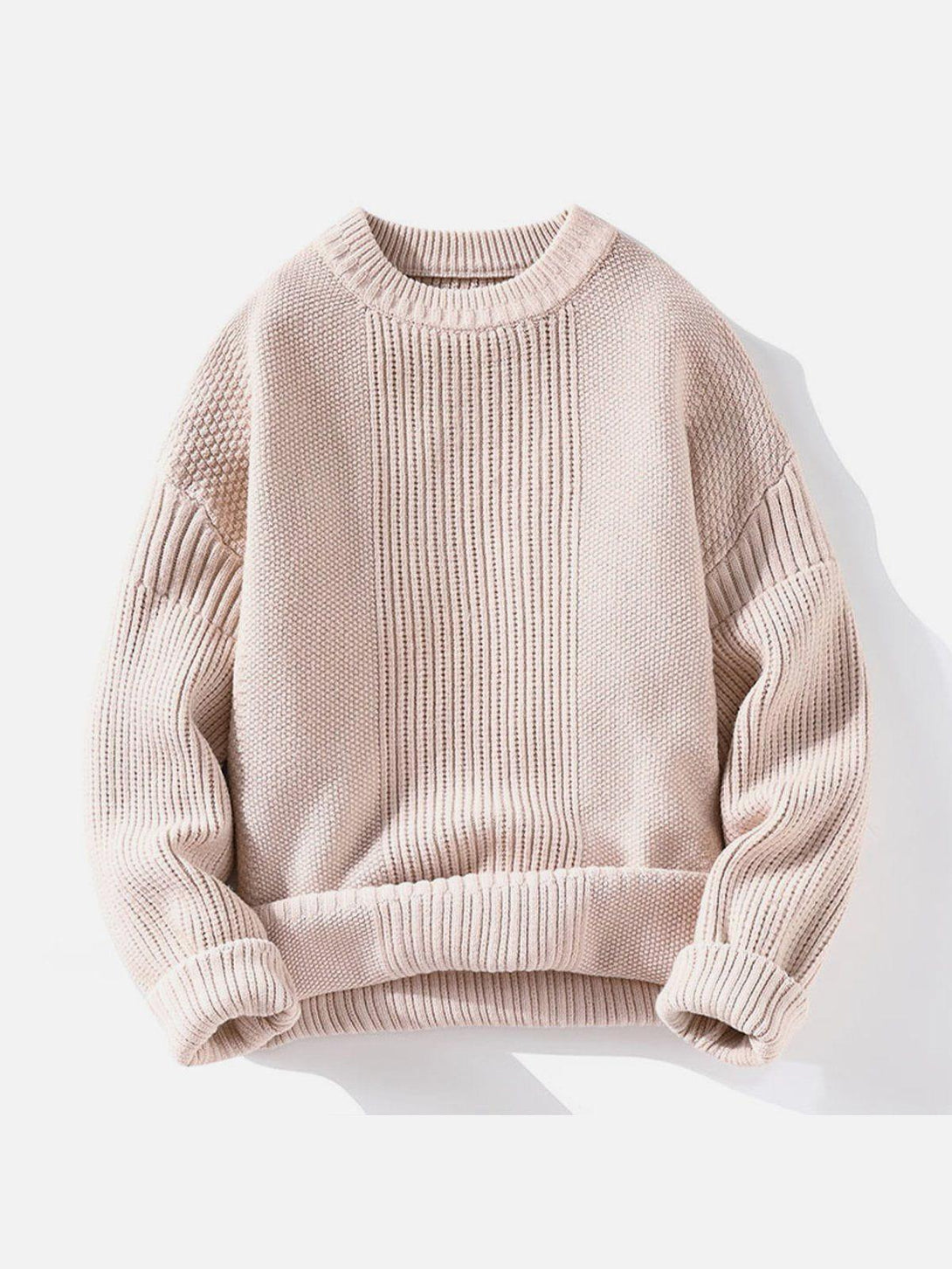 Front view of a pink knit sweater with vertical stripes by TALISHKO, ideal for casual style.