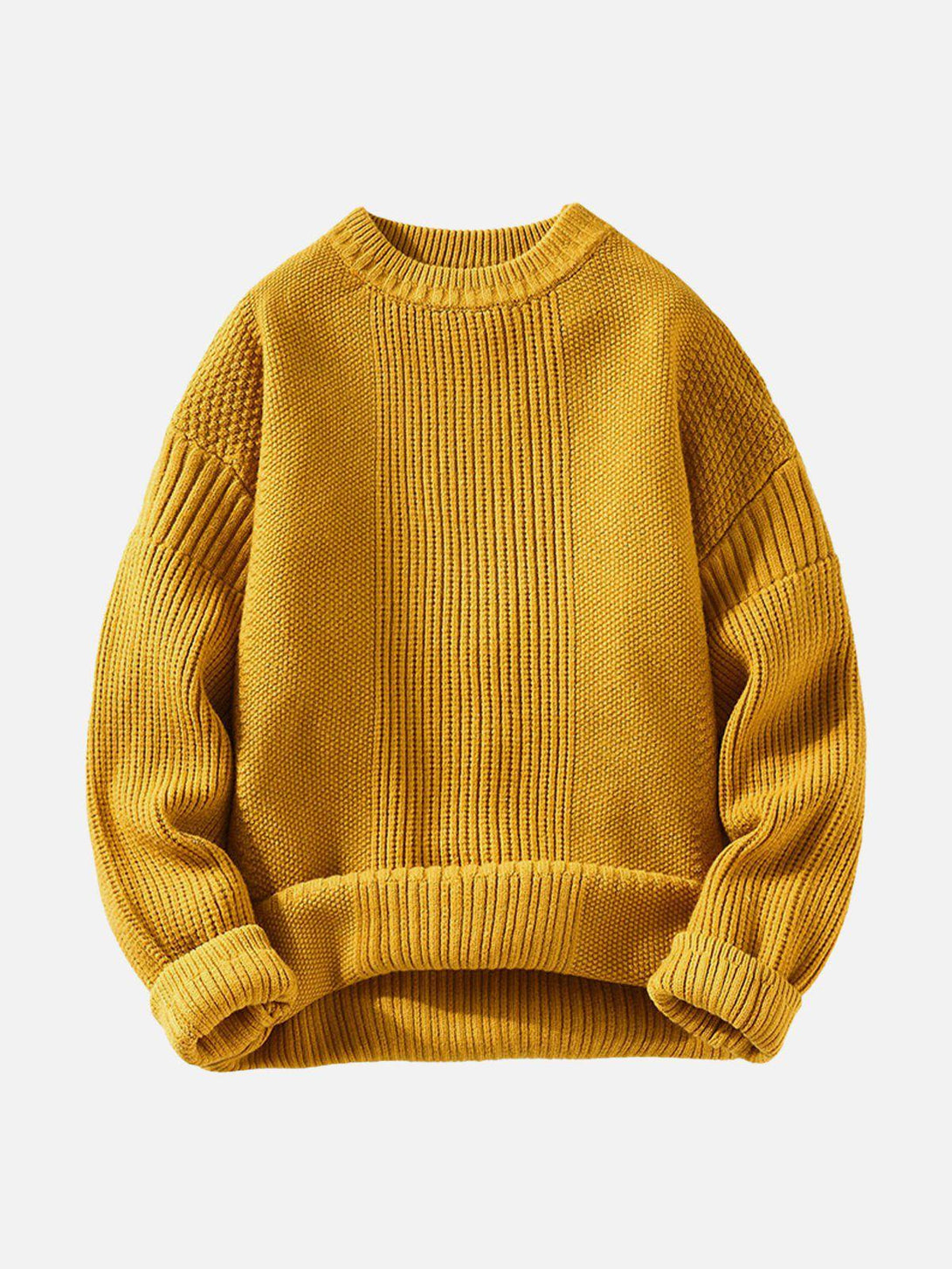 Front view of a yellow knit sweater with vertical stripes, crafted by TALISHKO for a trendy look.