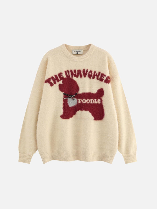Front view of an apricot sweater featuring a vintage cartoon dog design by TALISHKO.