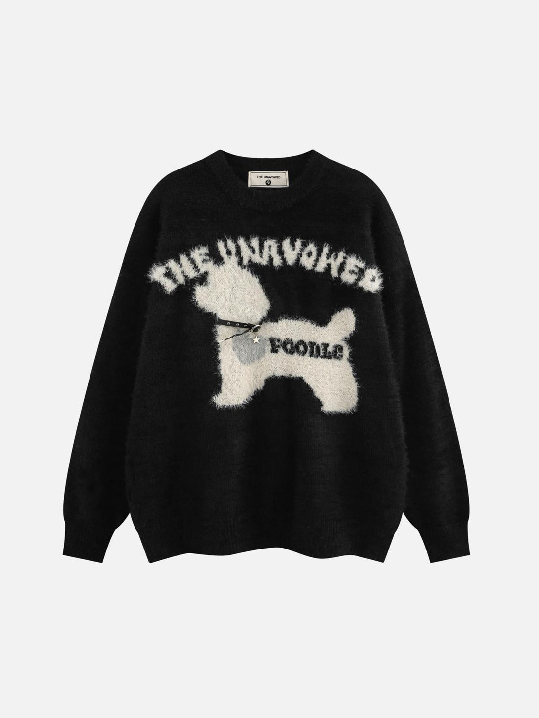 Front view of a black sweater by TALISHKO, featuring a vintage cartoon dog in a playful design.