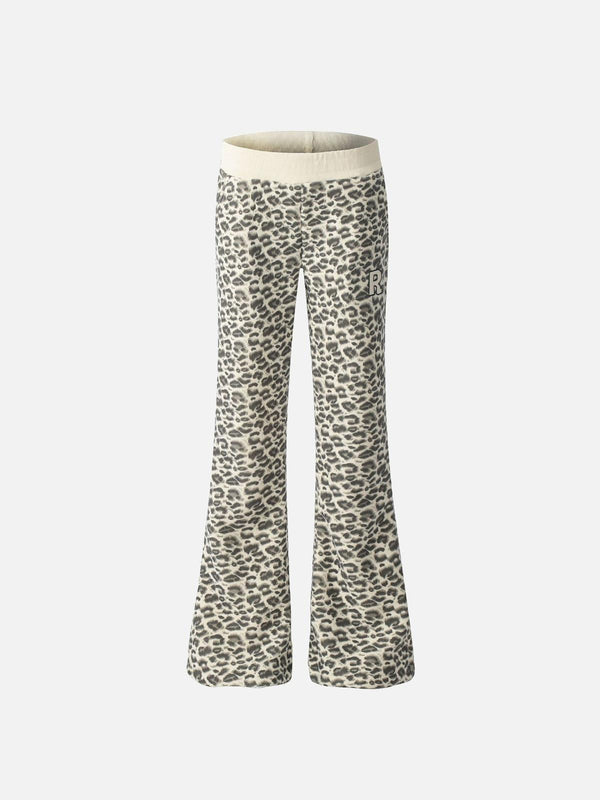 TALISHKO apricot leopard fleece pants in a front view, showcasing a vintage-inspired style.