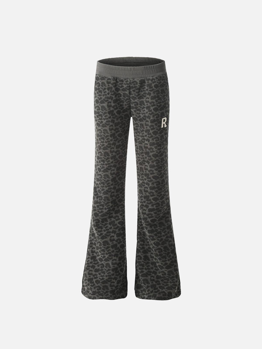 Front view of TALISHKO black leopard fleece pants, featuring a vintage-inspired horn silhouette.