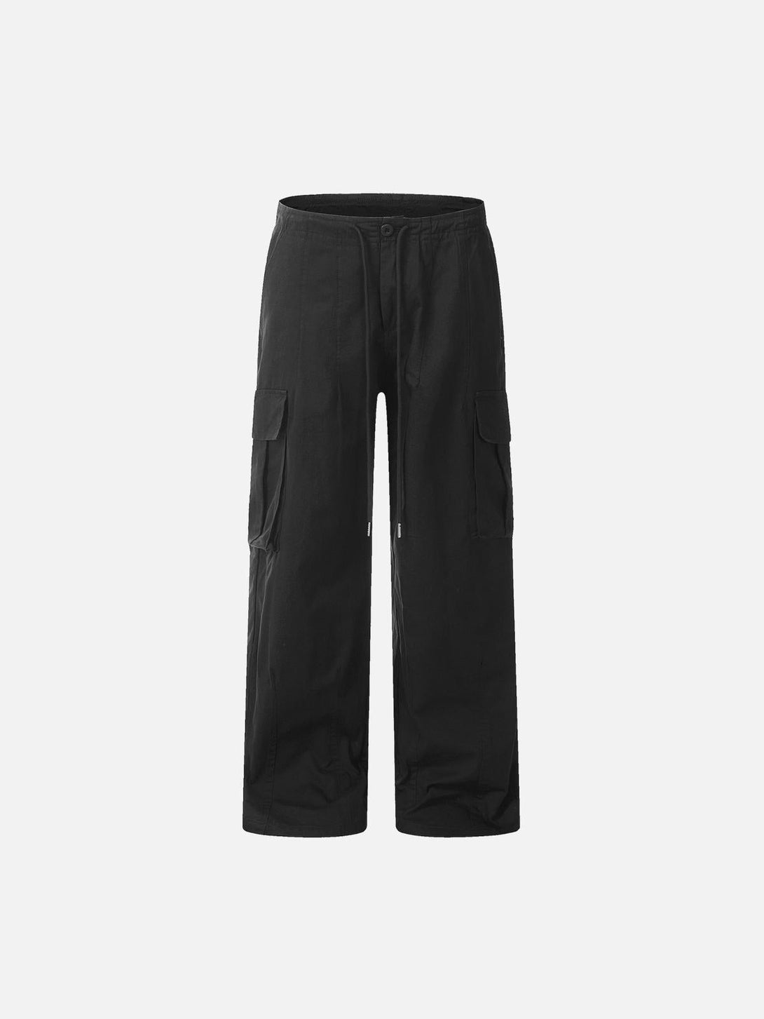 Front view of black vintage straight work cargo pants by TALISHKO, showcasing casual style.