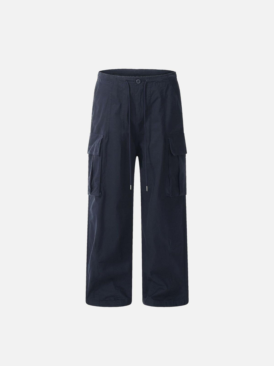 Front view of blue vintage straight work cargo pants by TALISHKO, featuring cargo pockets.