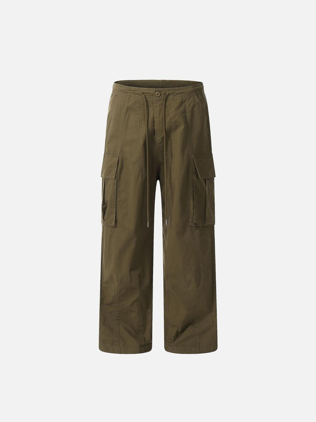 Front view of coffee green vintage straight work cargo pants by TALISHKO, emphasizing utility.