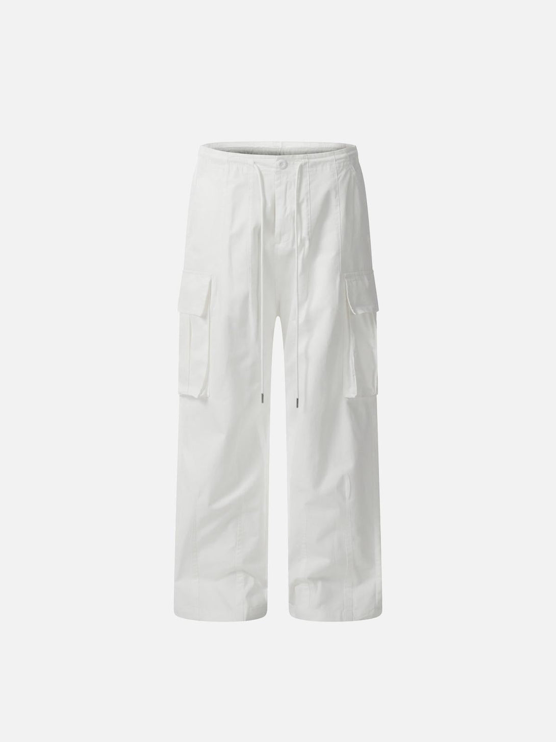 Front view of white vintage straight work cargo pants by TALISHKO, highlighting urban utility.