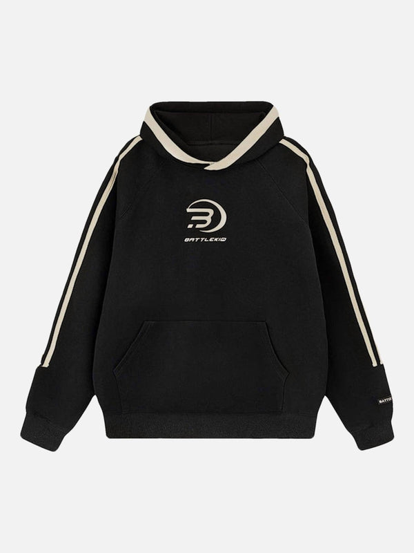 Front view of a black vintage all-in-one hoodie by TALISHKO, featuring sporty stripes.