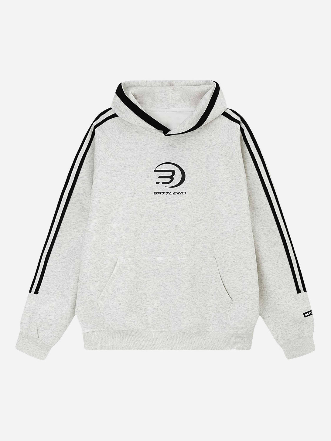 Front view of a gray vintage all-in-one hoodie by TALISHKO with sporty striped sleeves.