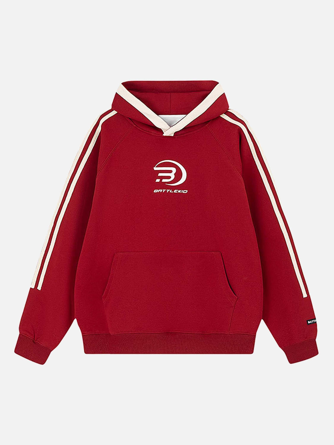 Front view of red vintage all-in-one hoodie by TALISHKO, featuring sporty striped sleeves.