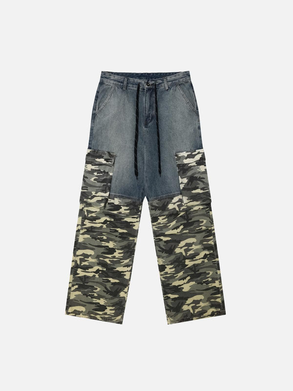 Front view of blue vintage camouflage patchwork cargo jeans by TALISHKO, perfect for casual style.