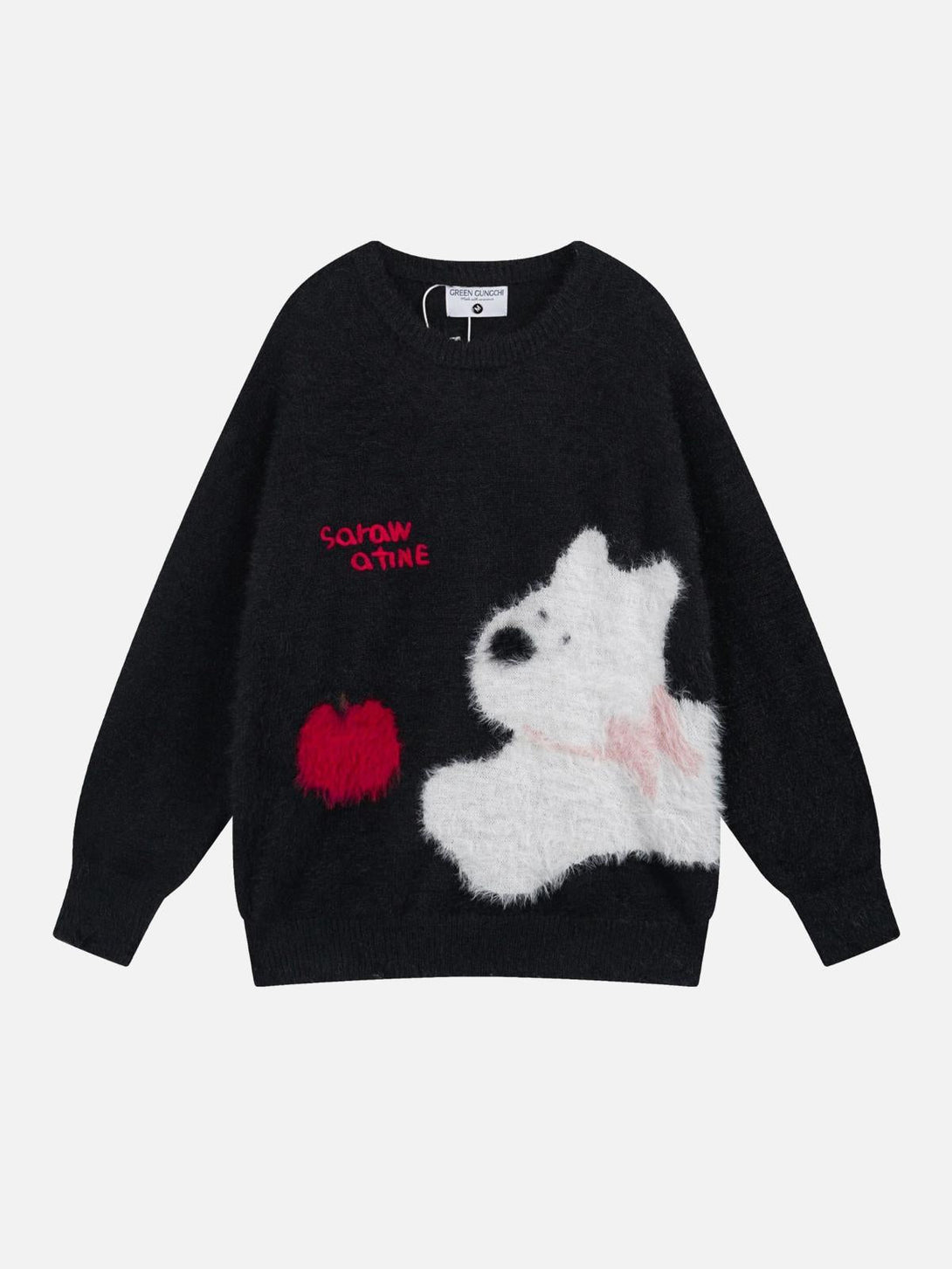 Front view of a black leisure sweater with a playful dog design by TALISHKO.