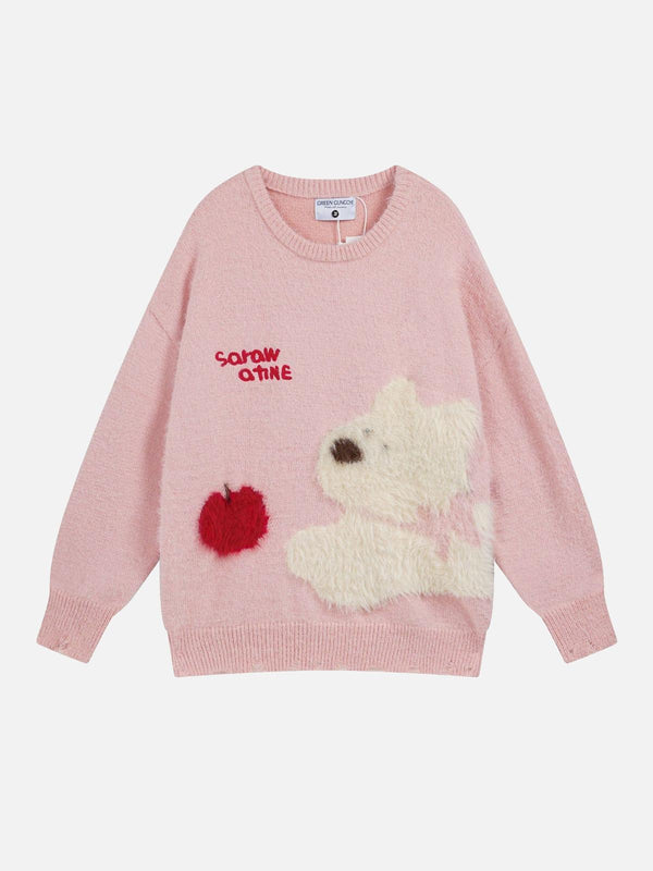 Front view of a pink leisure sweater featuring a playful dog design by TALISHKO.