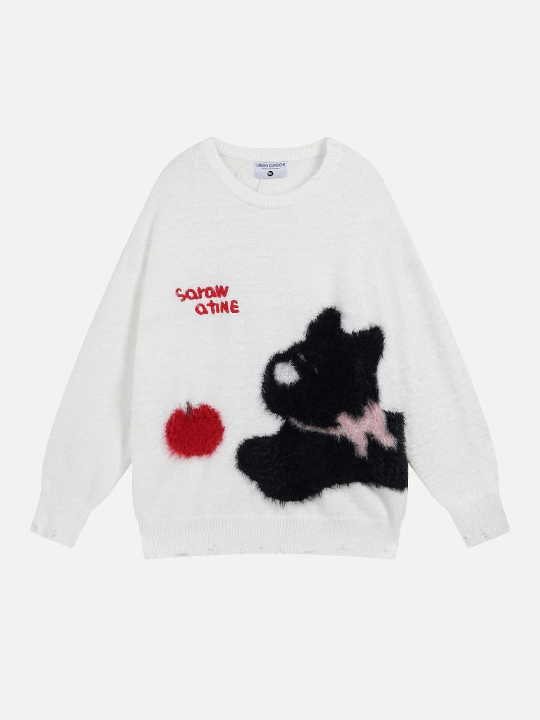 Front view of a white leisure sweater with a playful dog design by TALISHKO.