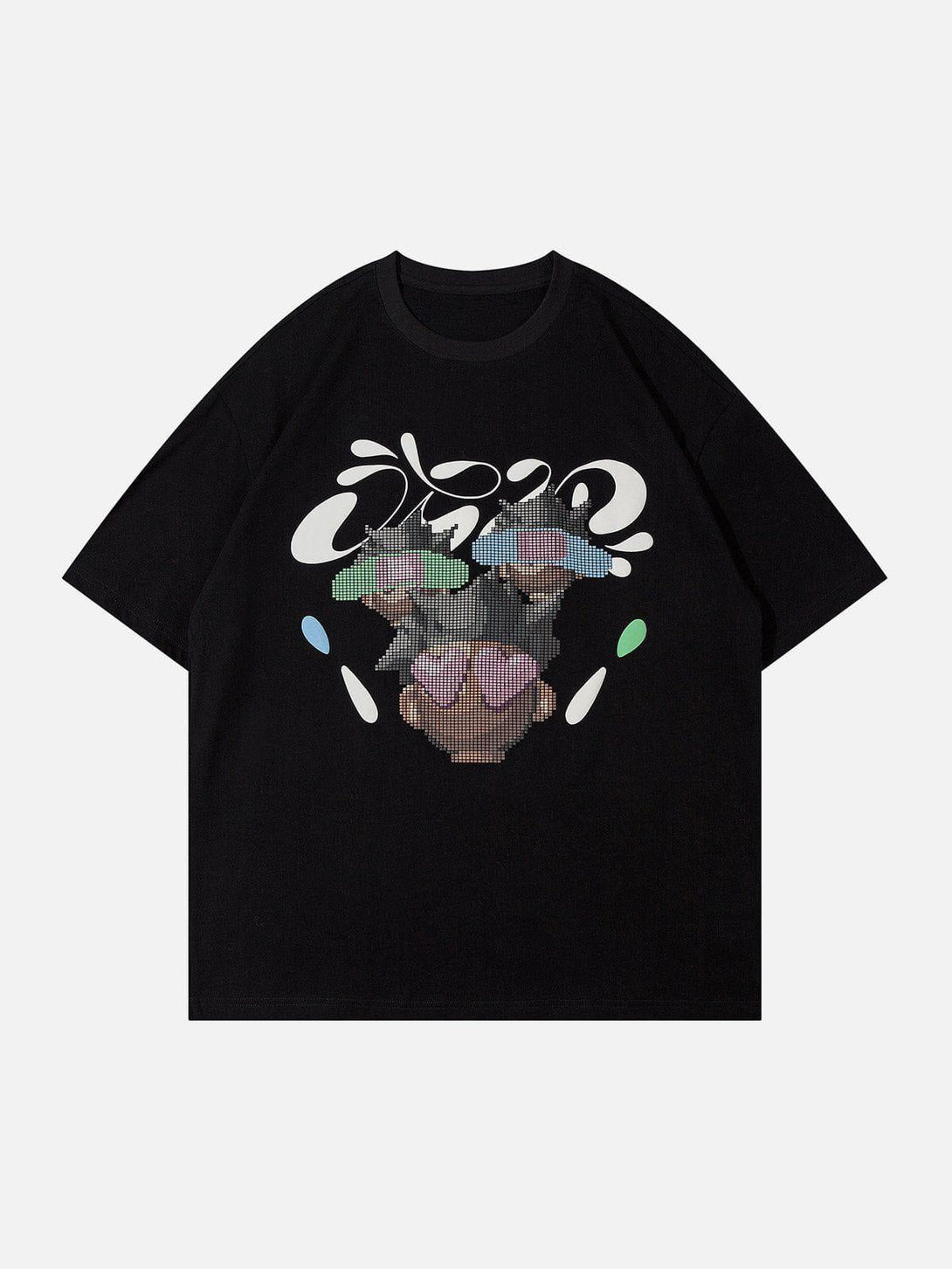 Front view of a black vintage cartoon print tee by TALISHKO, featuring colorful graphics.