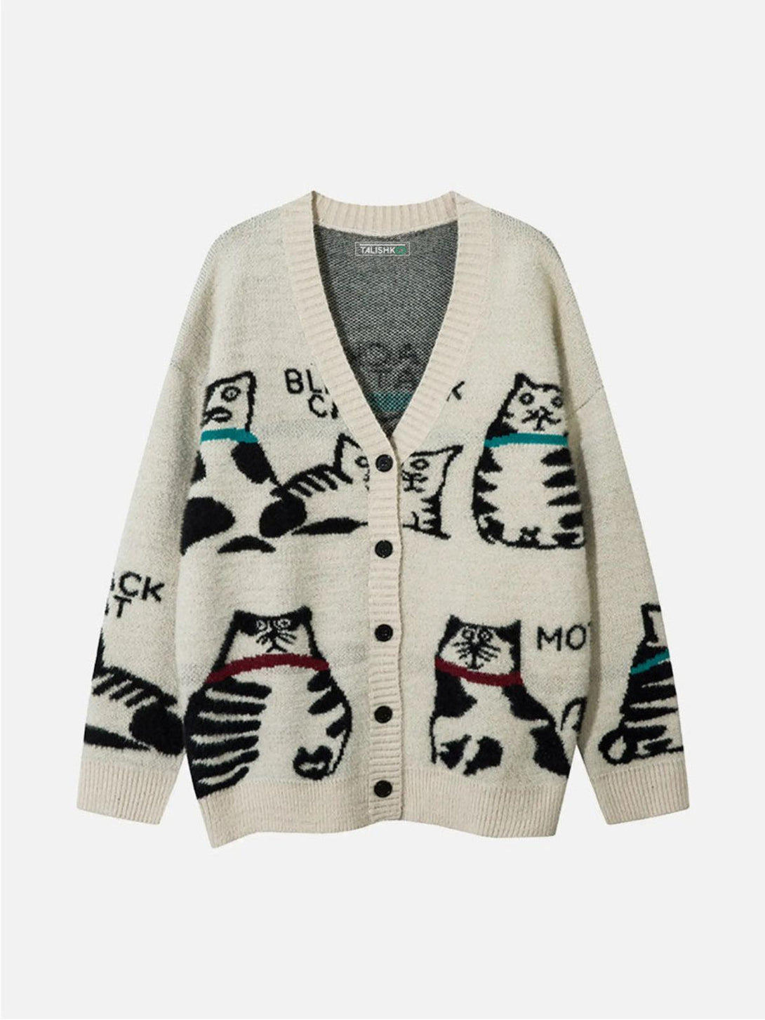Front view of a beige knit cardigan with cat jacquard design by TALISHKO, perfect for layering.