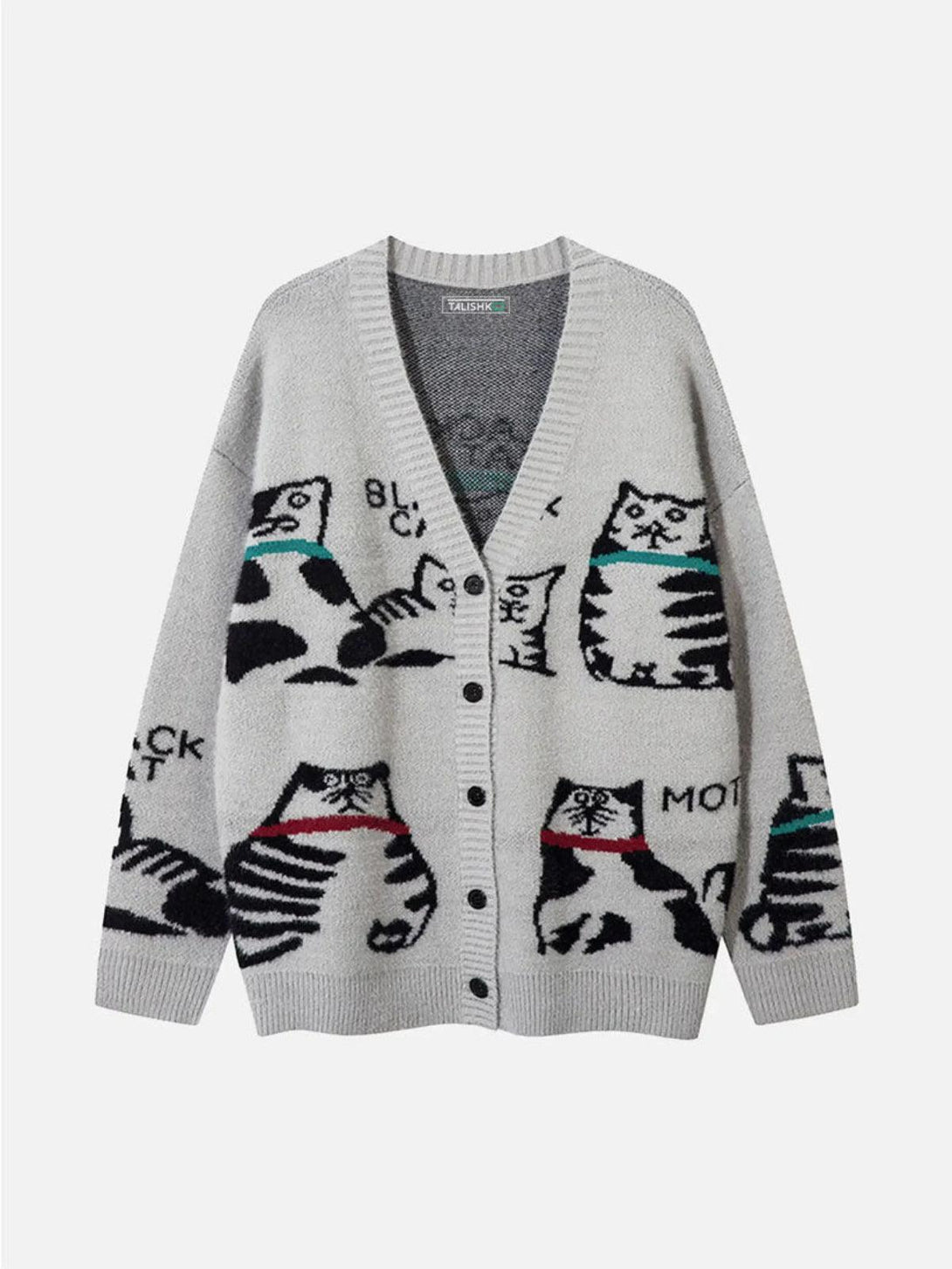 Gray cardigan featuring playful cat jacquard pattern by TALISHKO, front view.