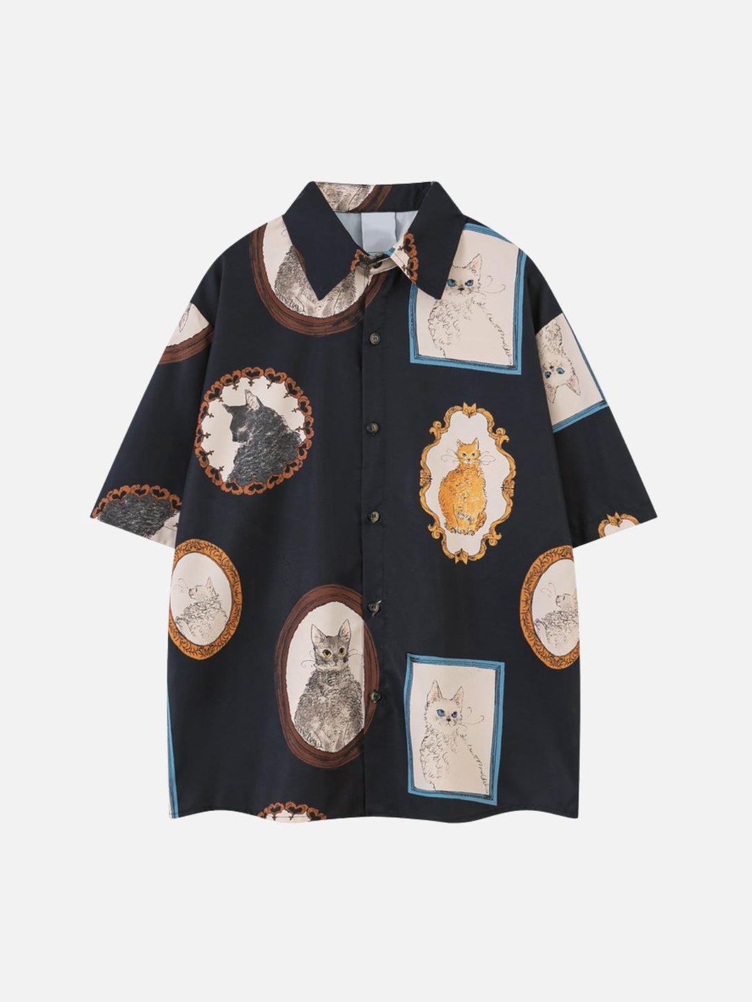 Front view of a black vintage cat print shirt by TALISHKO, perfect for a unique casual look.