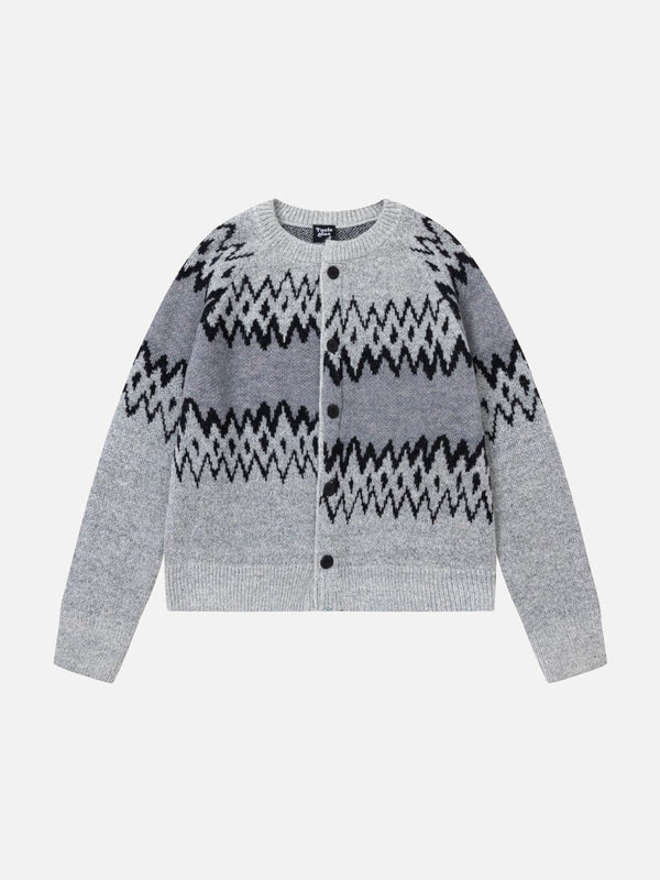 Front view of a gray cardigan sweater by TALISHKO, featuring a bold zigzag pattern.