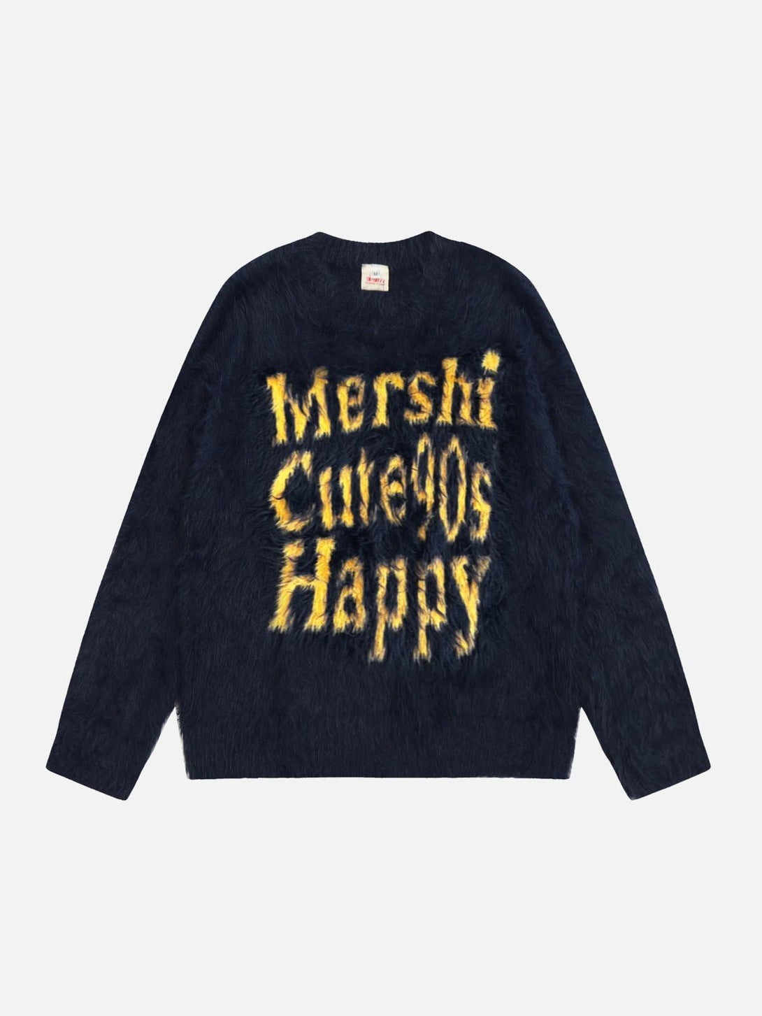 Navy blue sweater by TALISHKO with contrast yellow lettering, front view showcasing street style.