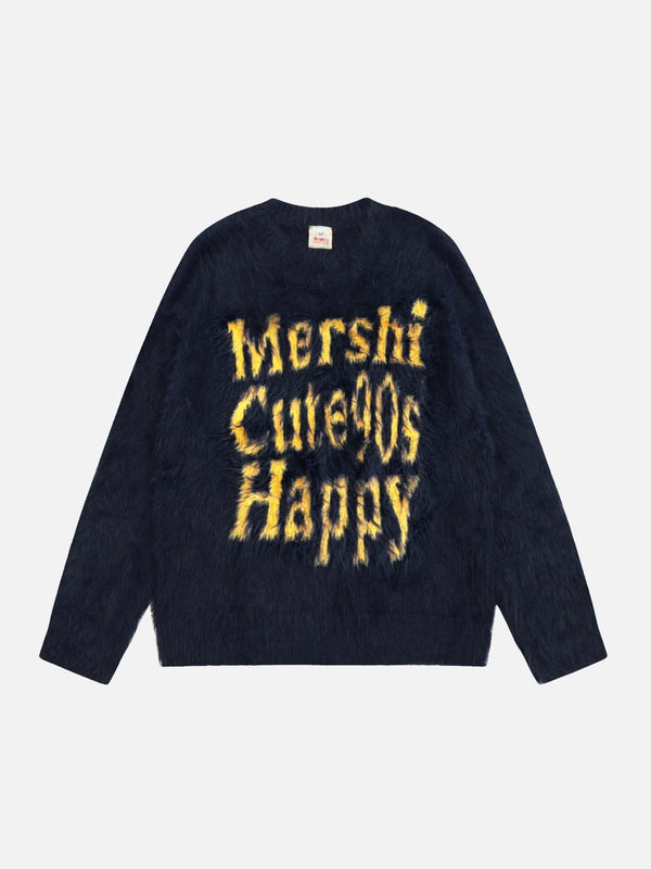 Navy blue sweater by TALISHKO with contrast yellow lettering, front view showcasing street style.