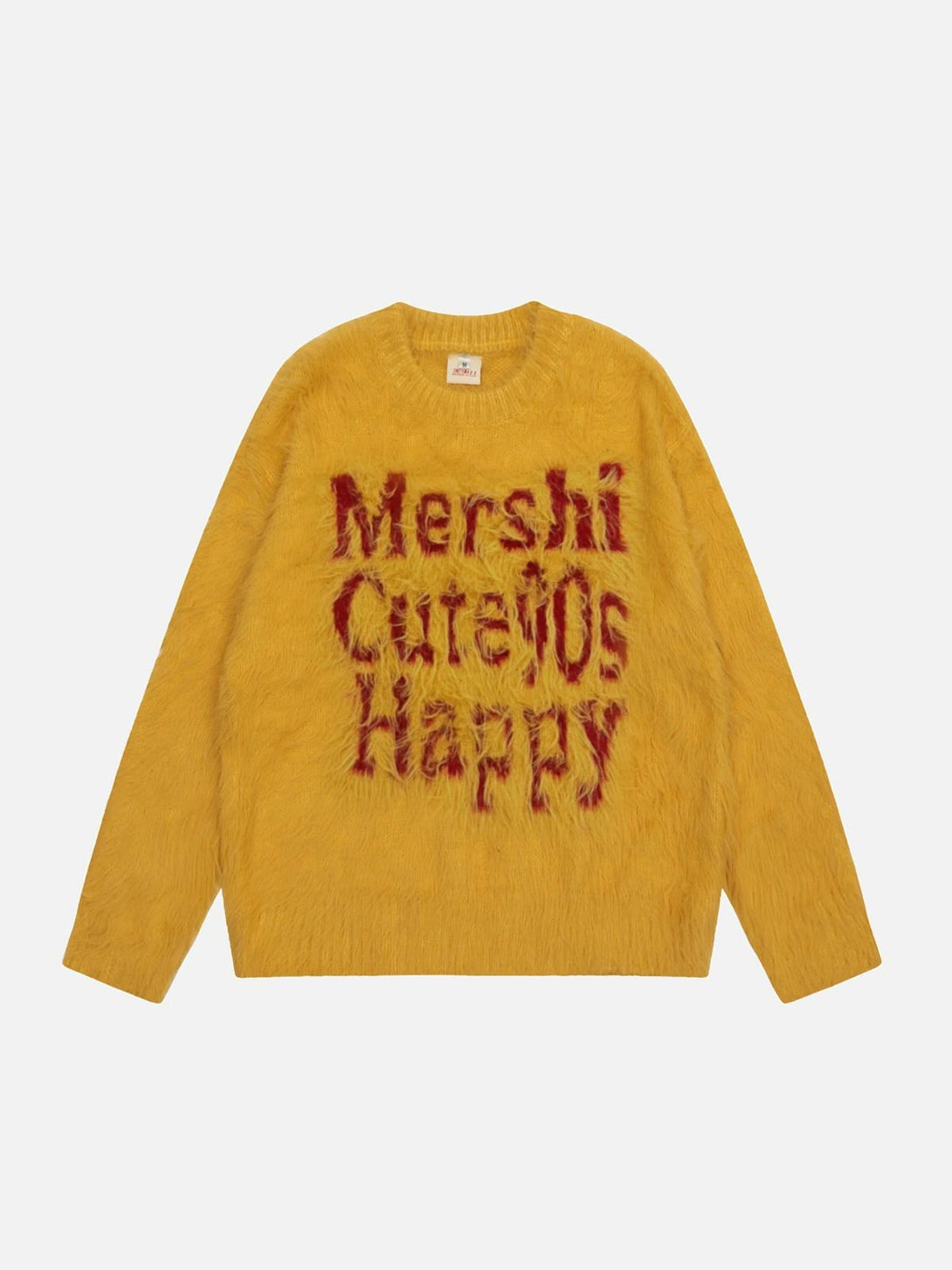 Front view of yellow sweater by TALISHKO with bold red lettering, ideal for casual urban style.