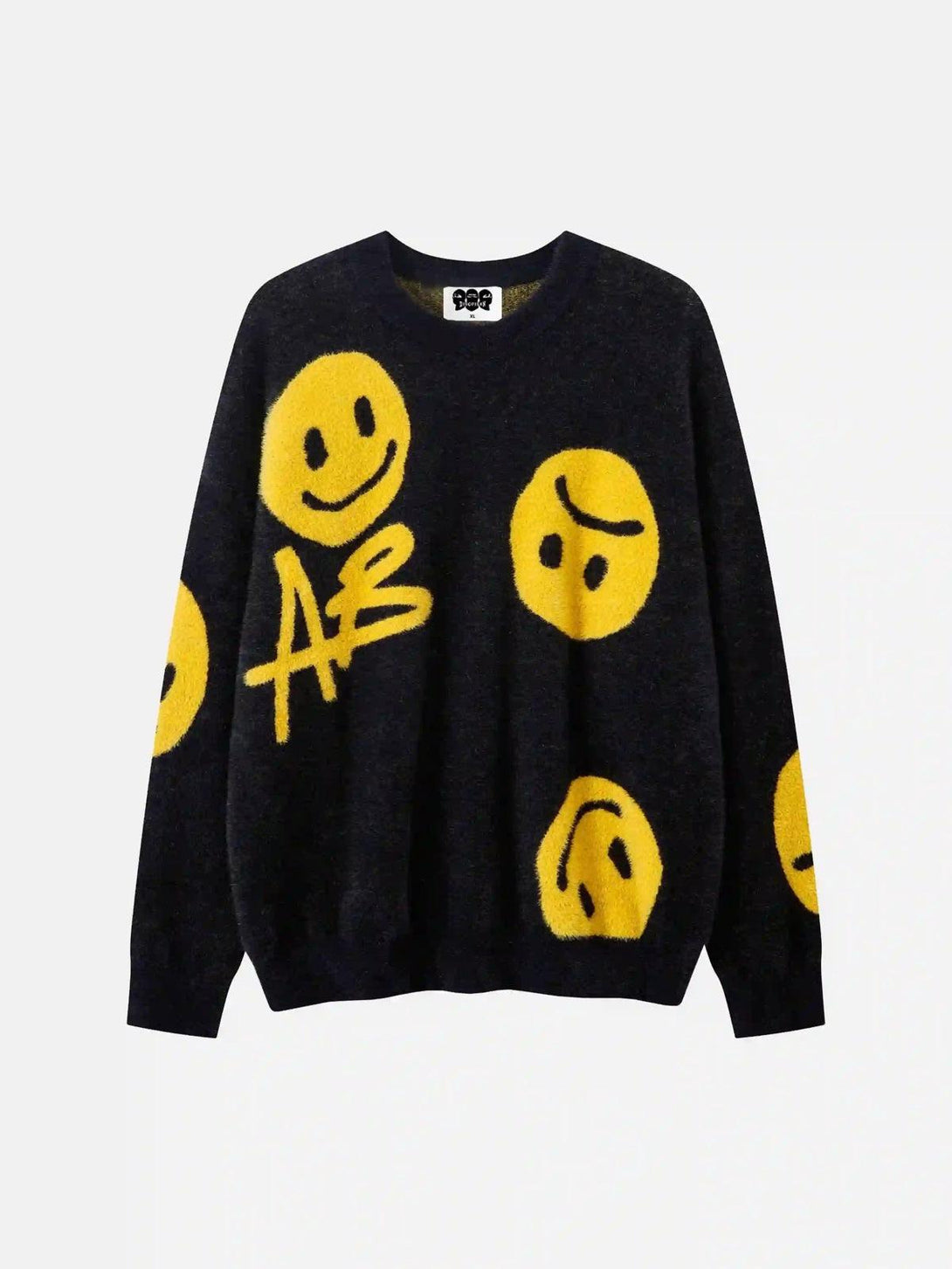 Front view of a black TALISHKO sweater with bold yellow smiley faces for a playful vibe.