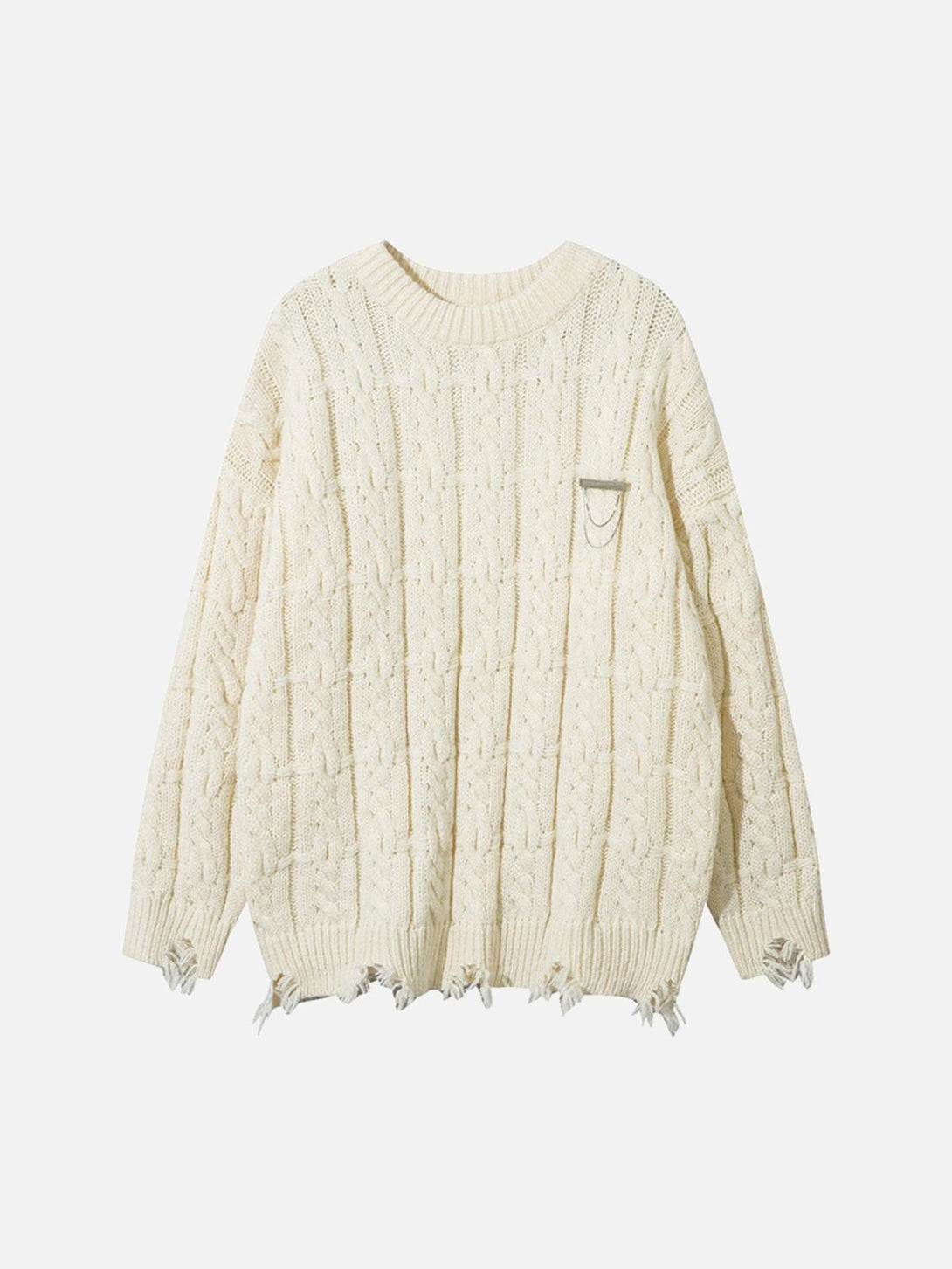 Front view of apricot sweater by TALISHKO, featuring vintage-inspired curled hem and chain detail.