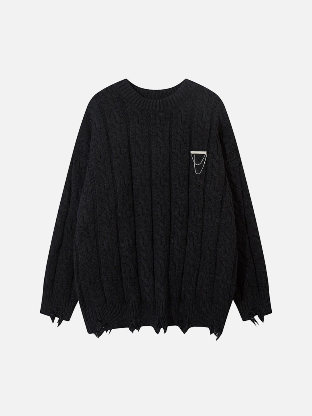 Front view of a black sweater by TALISHKO featuring a unique curled hem and chain detail.