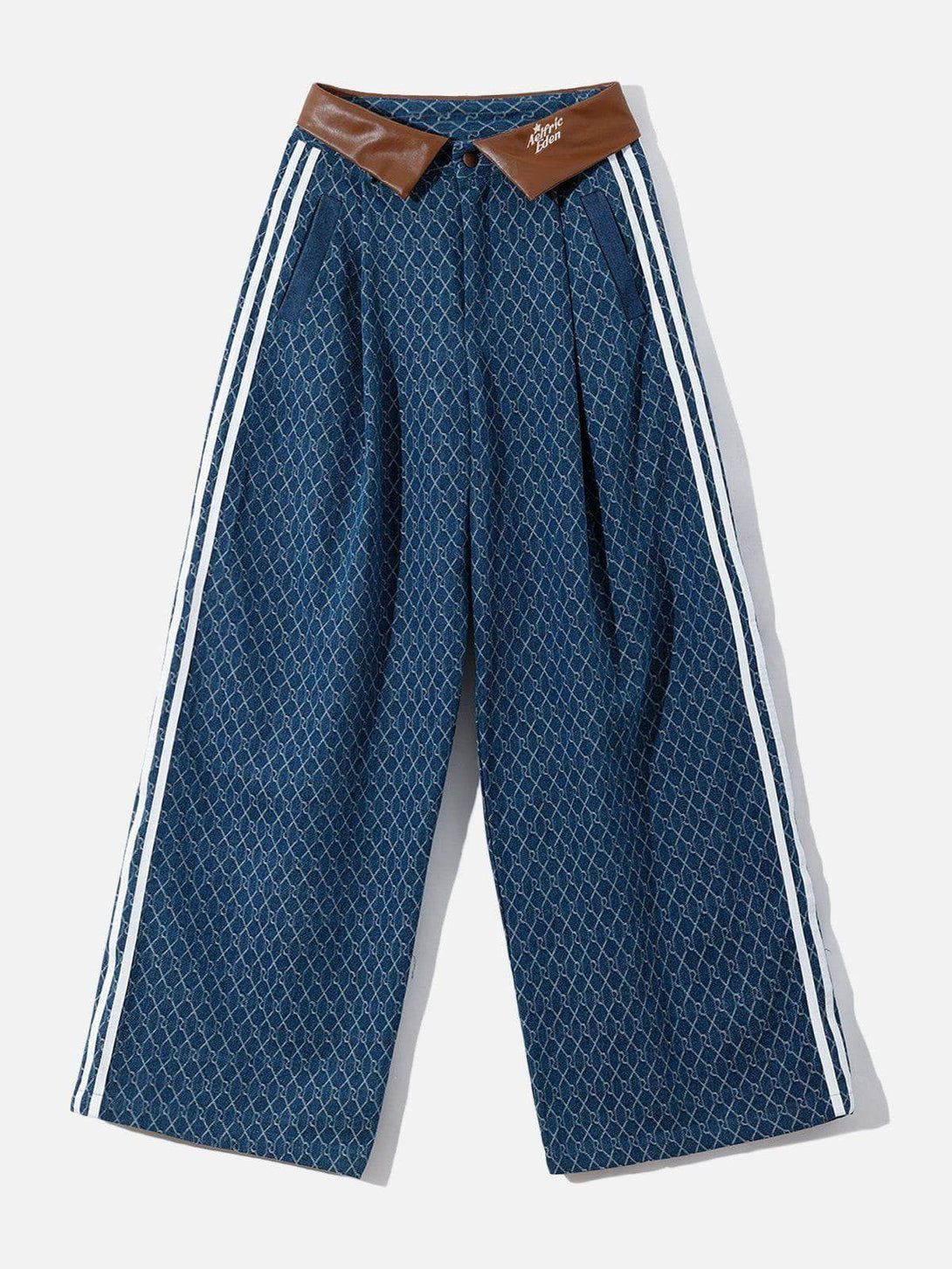 Front view of blue vintage denim jacquard baggy jeans by TALISHKO, featuring a unique pattern.