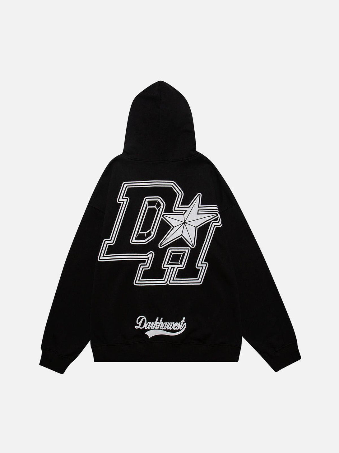 Back view of black hoodie with vintage "DH" print by TALISHKO, perfect for urban style.